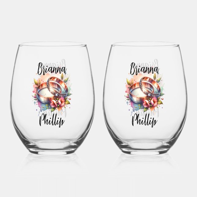 Wedding Bands Floral Design Signature Stemless Wine Glass (Front)