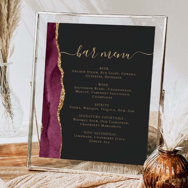 Wedding Bar Menu Burgundy Gold Agate Dark Poster (Creator Uploaded)
