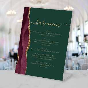 Wedding Bar Menu Burgundy Gold Agate Green Pedestal Sign