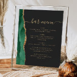 Wedding Bar Menu Emerald Green Gold Agate Dark Poster<br><div class="desc">An elegant sign for your wedding bar menu. The words "bar menu" appears in gold-coloured handwriting calligraphy with swashes at the beginning and end, with customizable text below. An emerald green watercolor agate design trimmed with gold faux glitter decorates the left border on a slate black background. See our collection...</div>