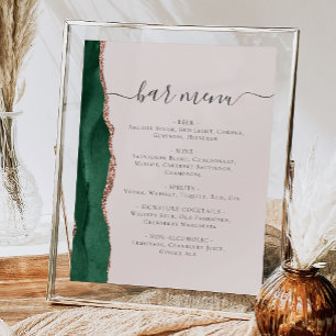 Wedding Bar Menu Emerald Green Rose Gold Agate Poster