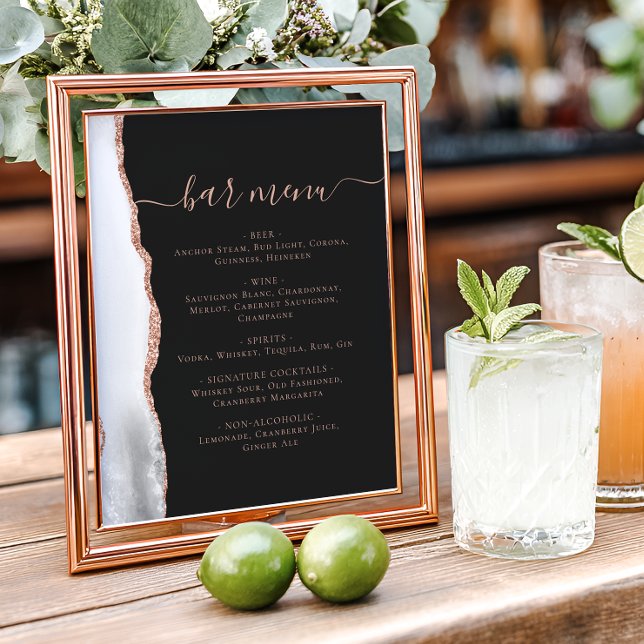 Wedding Bar Menu Grey Rose Gold Agate Dark Poster (Creator Uploaded)