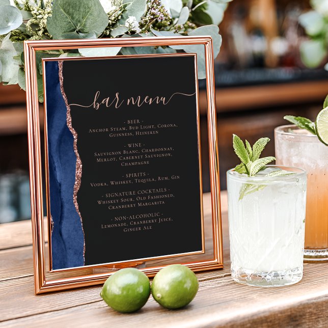Wedding Bar Menu Navy Blue Rose Gold Agate Dark Poster (Creator Uploaded)