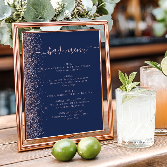 Wedding Bar Menu Navy Blue Rose Gold Glitter Poster (Creator Uploaded)