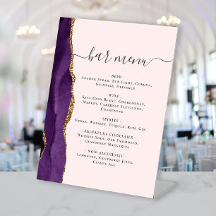Wedding Bar Menu Purple Gold Agate Blush Pedestal Sign