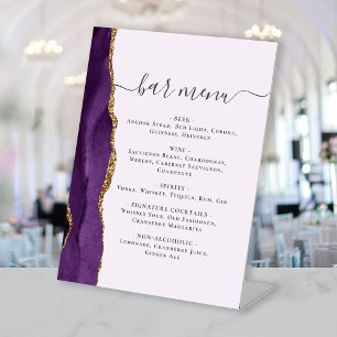 Wedding Bar Menu Purple Gold Agate Lavender Pedestal Sign