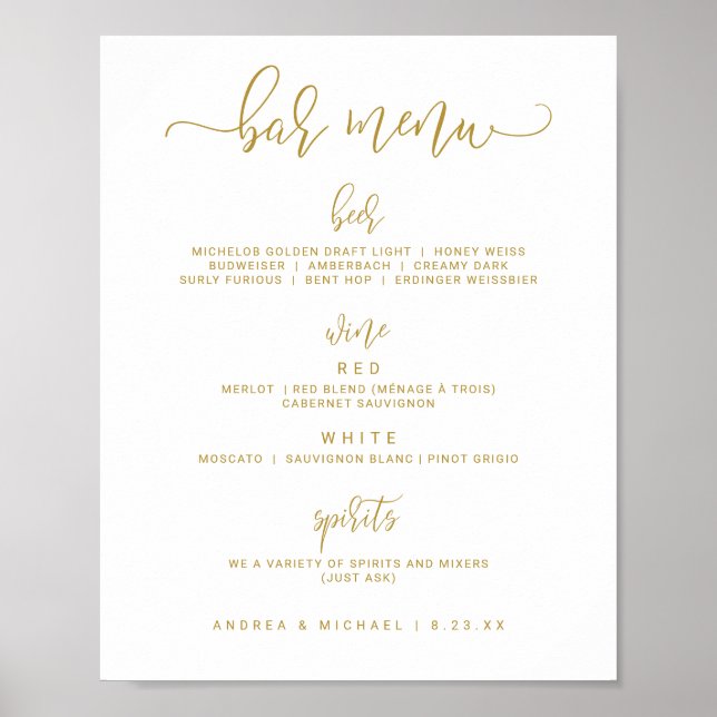 Wedding Bar Menu Sign - Bounce Script (Flat Gold) (Front)