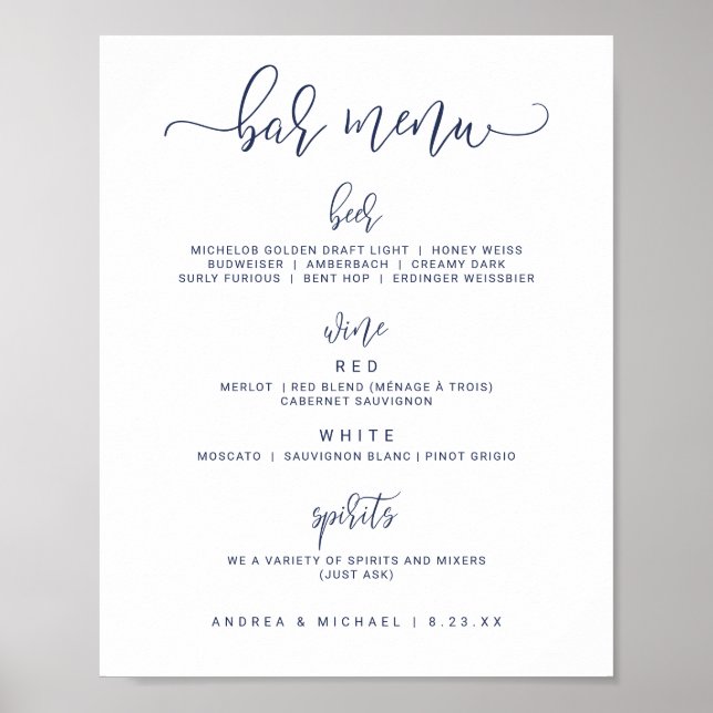 Wedding Bar Menu Sign - Bounce Script (Navy Blue) (Front)