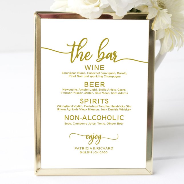 Wedding Bar Menu Sign Rustic Chic Calligraphy Gold (Creator Uploaded)