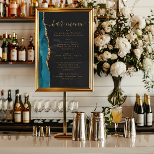 Wedding Bar Menu Teal Blue Gold Agate Dark Poster