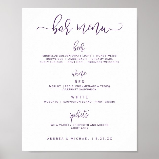Wedding Bar Menus - Bounce Script (Purple / Plum) Poster (Front)
