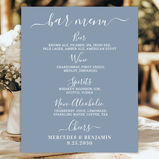 Wedding Bar Personalized Dusty Blue Drink Menu Poster (Creator Uploaded)