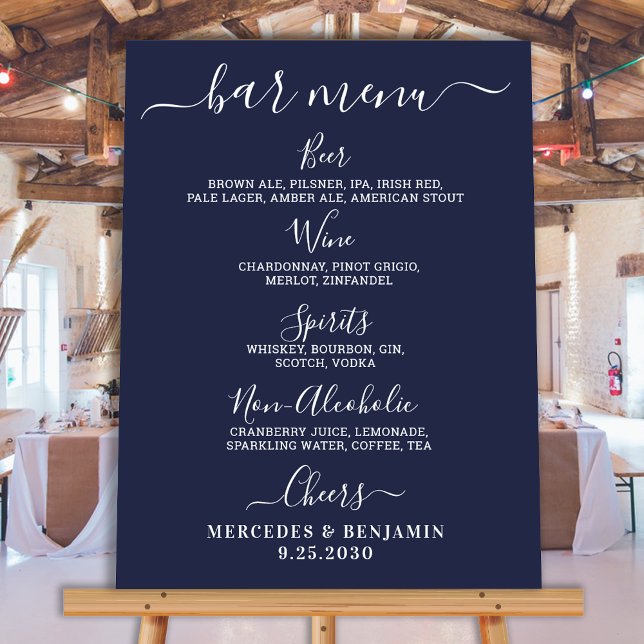 Wedding Bar Personalized Navy Blue Drink Menu Poster (Creator Uploaded)