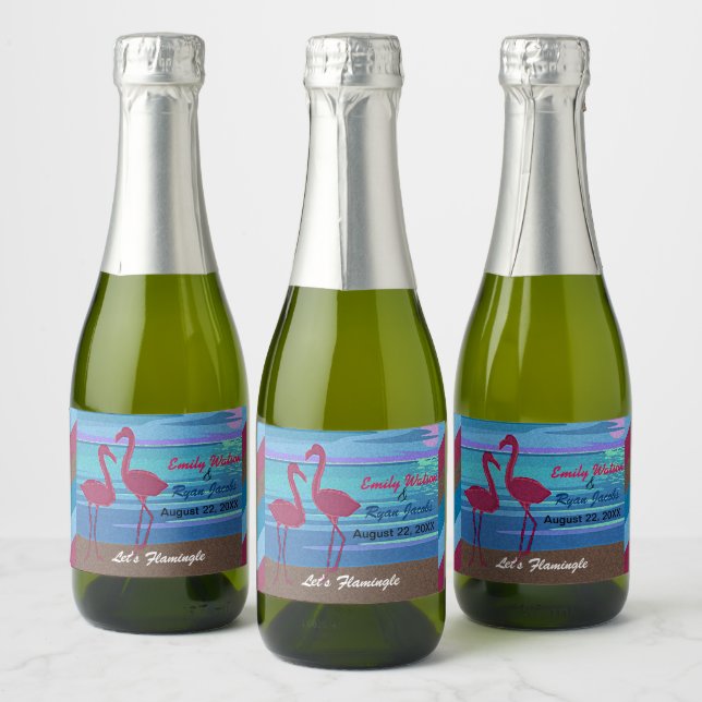 Wedding Beach at Dusk Let's Flamingle Flaming Sparkling Wine Label (Bottles)