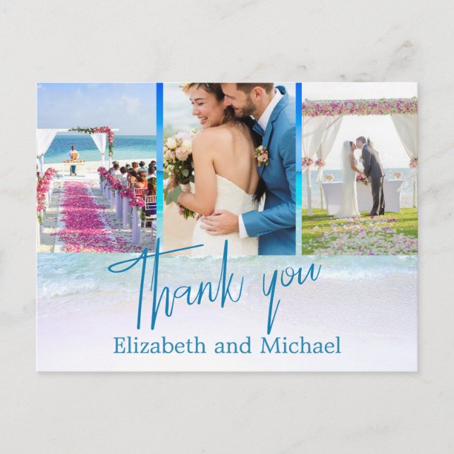 Wedding Beach Blue Ocean 3 Photo Elegant Thank You Postcard (Front)