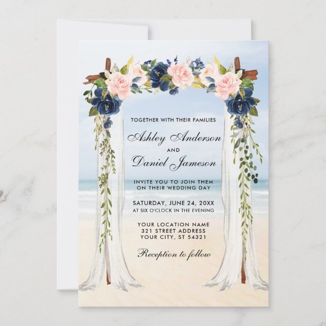 Wedding Beach Canopy Watercolor Pink Blue Floral Invitation (Front)