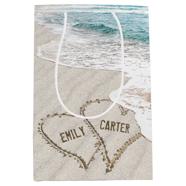 Wedding Beach Hearts In Sand With Names Medium Gift Bag (Front)