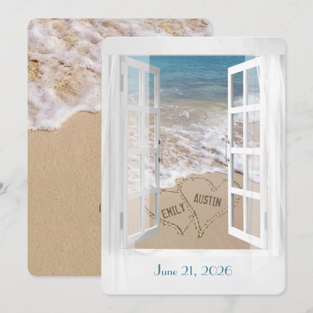 Wedding Beach Hearts in Window  Invitation (Front/Back)