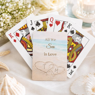 Wedding Beach Hearts Sand Monogrammed Playing Cards