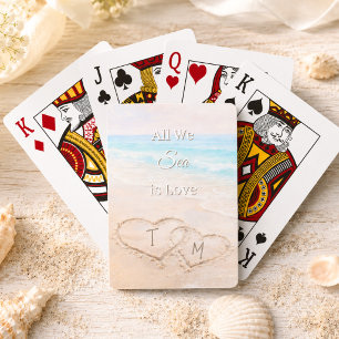 Wedding Beach Hearts Sand Monogrammed Playing Cards