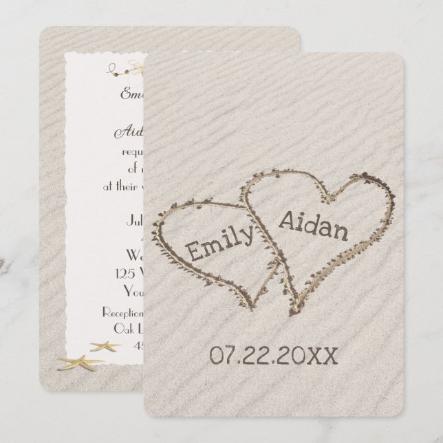 Wedding Beach Hearts with Names Invitation (Front/Back)