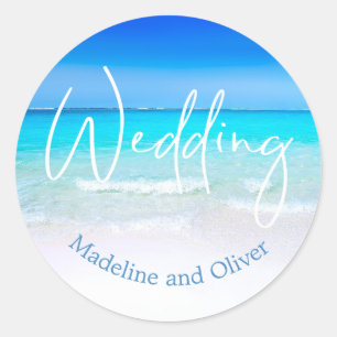 Wedding Beach Ocean Blue Sand Modern Destination Classic Round Sticker
