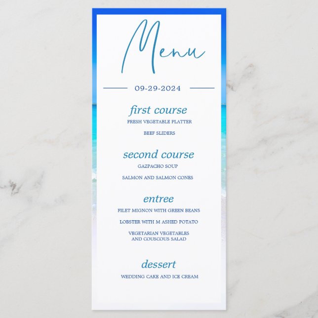 Wedding Beach Ocean Sea Blue  Summer Monogram Menu (Front)
