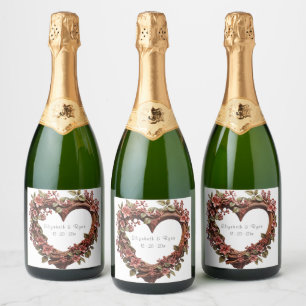 Wedding Beautiful Heart Wreath Red Flowers Sparkling Wine Label