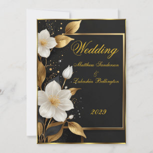 Wedding Beautiful White flowers Gold Leaves Invitation