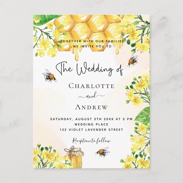 Wedding bees yellow florals honeycomb invitation postcard (Front)