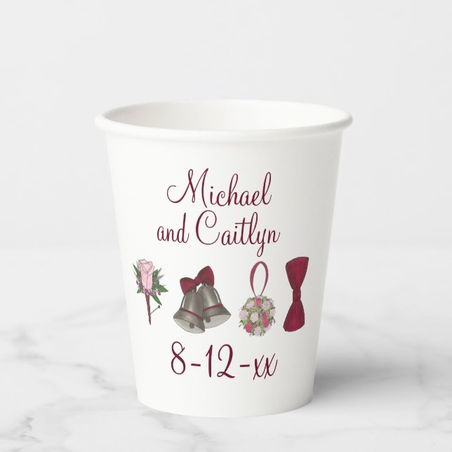 Wedding Bells Flowers Bow Tie Bridal Rose Bouquet Paper Cups (Front)