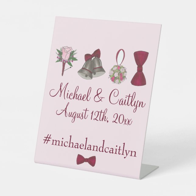 Wedding Bells Flowers Bow Tie Personalized Napkins Pedestal Sign (Front)
