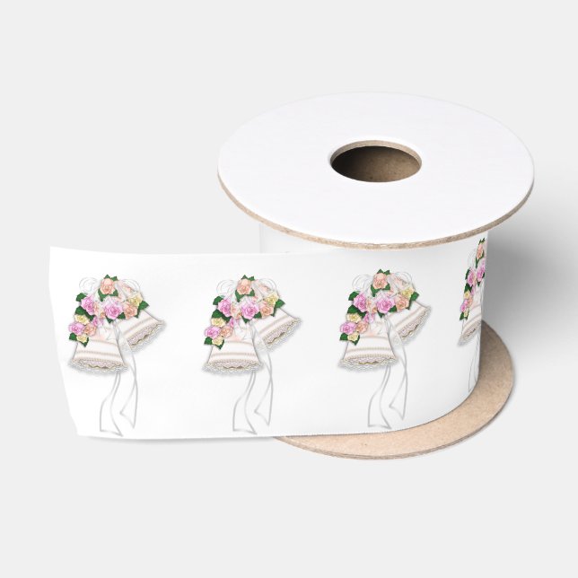 Wedding Bells On White  Satin Ribbon (Spool)
