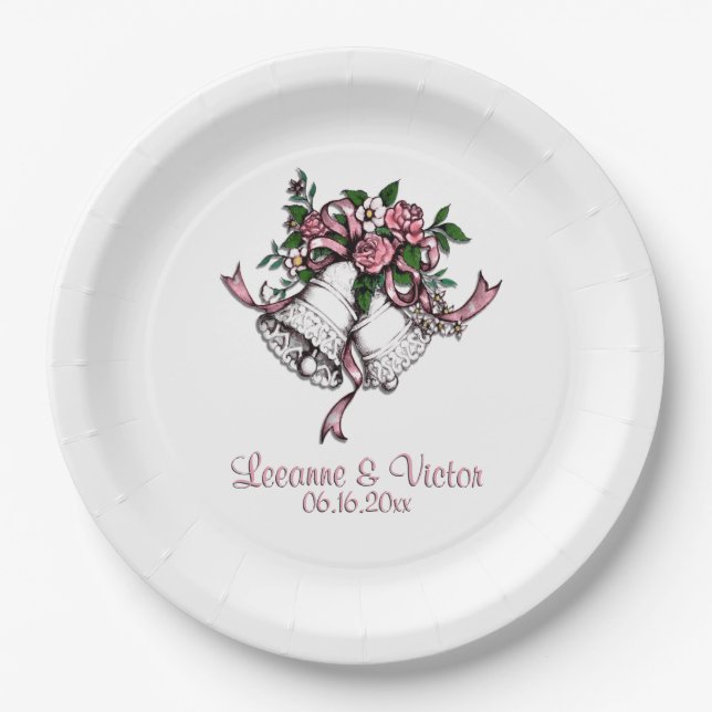 Wedding Bells Pink Names Date Personalized Paper Plate (Front)