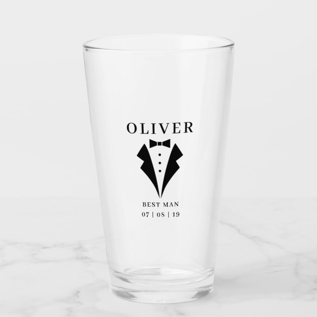 Wedding BEST MAN Tuxedo Personalized Name Pint Glass (Front)