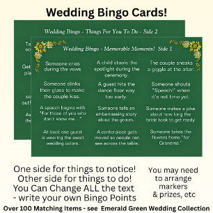 Wedding BINGO!  Game for Guests Emerald Green Card