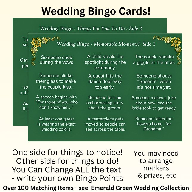 Wedding BINGO!  Game for Guests Emerald Green Card (Creator Uploaded)