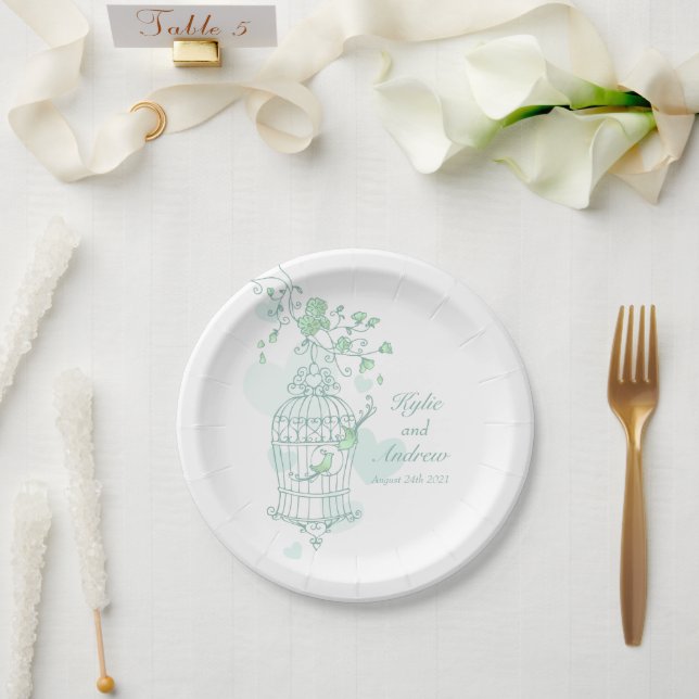 Wedding birdcage birds green custom paper plate (Wedding)