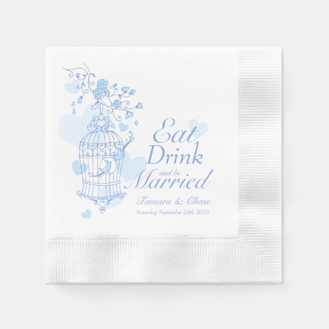 Wedding birds eat drink be married blue napkins (Front)