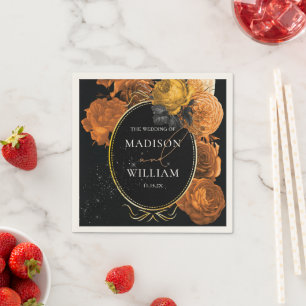 Wedding Black and Orange Floral Personalized Napkin