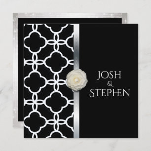 Wedding Black and White Quatrefoil White Rose Invitation