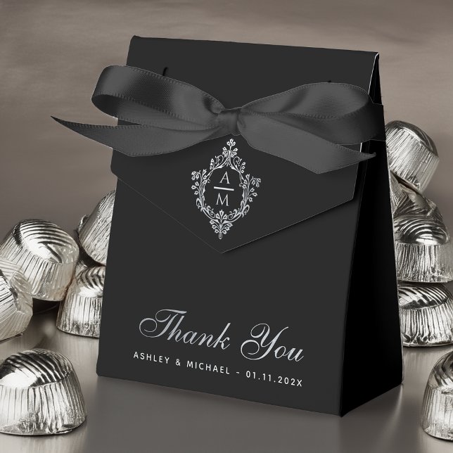 Wedding Black Elegant Monogram in Crest Monochrome Favor Box (Creator Uploaded)