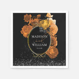 Wedding Black Glitter details and Orange Floral  Napkin