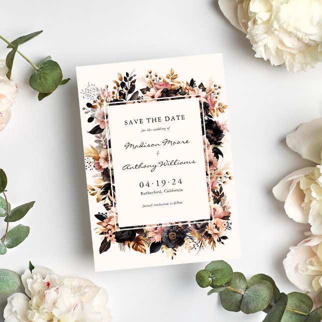 Wedding Black & Gold Floral Save The Date Card (Creator Uploaded)