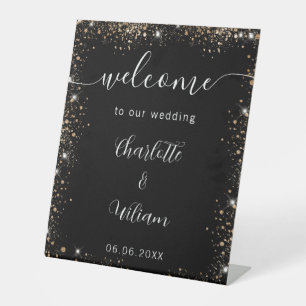 Wedding black gold glitter names script welcome pedestal sign