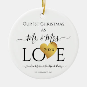 Wedding Black Gold Heart christmas Name Mr  Mrs Ce Ceramic Ornament