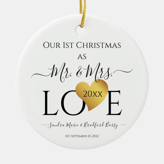Wedding Black Gold Heart christmas Name Mr  Mrs Ce Ceramic Ornament (Front)