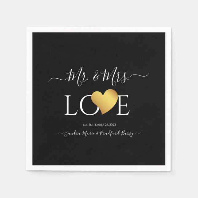 Wedding Black Gold Heart Script Name Mr. and Mrs.  Napkin (Front)