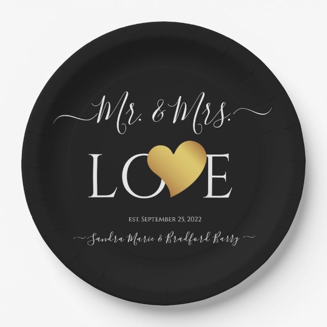 Wedding Black Gold Heart Script Name Mr. and Mrs Paper Plate (Front)