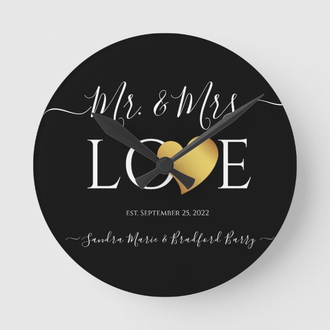 Wedding Black Gold Heart Script Name Mr. and Mrs.  Round Clock (Front)
